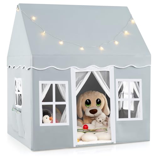 COSTWAY Tienda Campaña Infantil, Casa de Actividad para Niños con Luces de Estrellas, Alfombra Lavable Antideslizante, Cortina de Malla para Interior y Exterior, Tipi Infantil de Más de 3 Años (Gris)