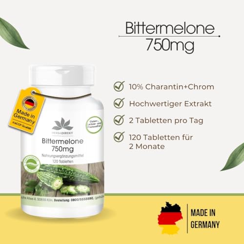 Bittermelone 750mg - 120 Tabletten - hochdosiert - vegan - mit Chrom | HERBADIREKT by Warnke Vitalstoffe - Deutsche Apothekenqualität