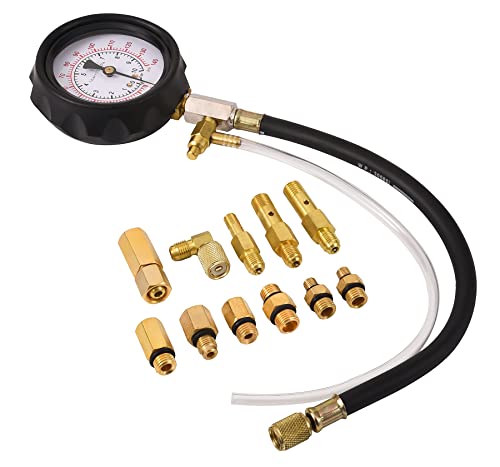Profi Benzindruckprüfer Set 0-10 bar, Kraftstoffdruckmesser für Benzinmotoren, Kraftstoffsystem Tester inkl. Adapter & Schlauch, KFZ Diagnose-Werkzeug mit Koffer
