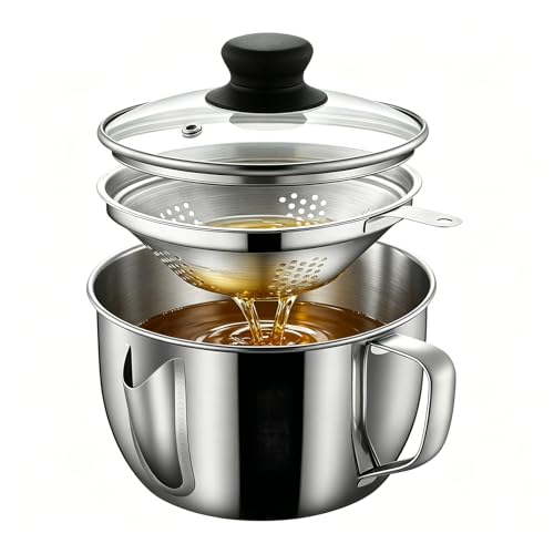 Fetttrennkanne 1000ml Fettabscheider Aus Edelstahl Fett-Trennkanne Fetttrenner Soßenfettabscheider Mit Sieb Und Glasdeckel Für Das Abschöpfen Von Fett Aus Soßen Und Suppen