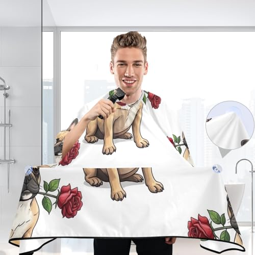 Friseurschürze mit niedlicher französischer Bulldogge, rote Rose, professioneller Umhang zum Haarschneiden, 160 x 140 cm