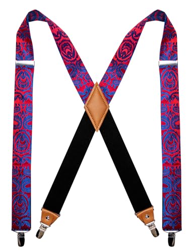 Image of Barry.Wang Men Suspender Set with Necktie Elastic Y Type Heavy Duty 6 Clips Braces Tie Handkerchief Cufflink Pin 6PCS