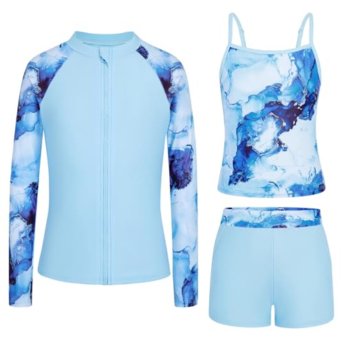 Rash Guard for Girls Long Sleeve 3 Piece Teens Swimsuits Zip Up Bathing Suit with Pockets Boyshorts (6-16Y)