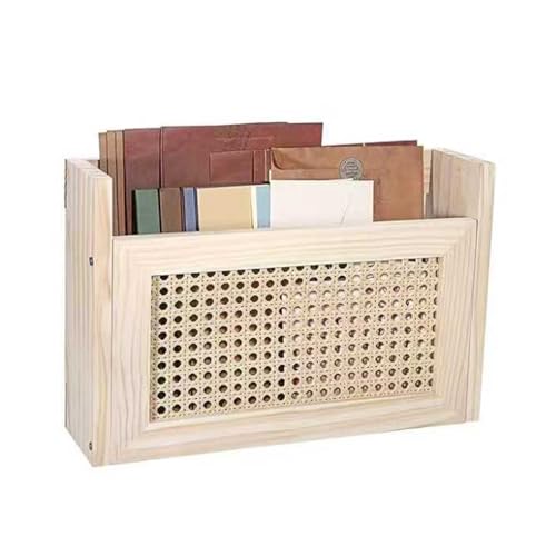 JIUSEGE Wooden Wall-Mounted Magazine Rack, Hanging Mail Organizer with Modern Hollow-Out Rattan Design, File & Letter Holder for Home and Office – 44 x 10 x 24 cm