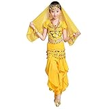 Best Dance Mädchen-Schleier, Oberteil, Hose, Gürtel und Armband, indischer Bauchtanz-Kostüm, Größe M, Gelb