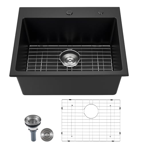 VEVOR Fregadero de Cocina de Granito de Un Seno Empotrado de Estilo Rústico, Montaje en Superficie, con Accesorios, para Autocaravanas, Cocinas de Preparación y Bares, Negro, 635 x 559 x 254 mm