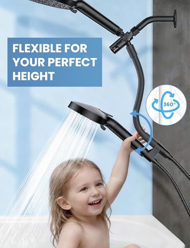 Image of Filtered Shower Head Handheld Mother-Child Large Arm Combo, High Pressure 10-Spd Detachable Chrome Showerhead w /Stainless Hose, Water Softener Beads Hard Water - Remove Chlorine, Black