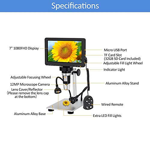 Microware-7-LCD-Digital-Microscope-1080FHD-USB-Coin-Microscope-50x-1200x-Magnification-with-Wired-Remote10-LED-Lights-12MP-Camera-Microscopes