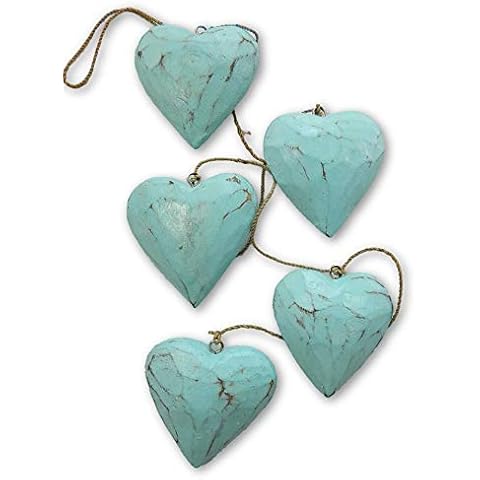 Thai Gifts Wooden Heart Garland - Shabby Chic Wall Art - String of 5 Hearts - Duck Egg Blue Cover