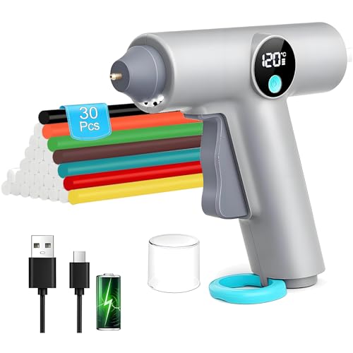 Pistola per colla a caldo a batteria, pistola per colla a caldo, senza fili, riscaldamento rapido con 30 bastoncini di colla a caldo, 7 mm, ricarica Type-C per regali, scuola, fai da te e riparazioni