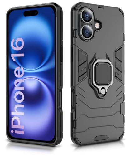 Image of WOW IMAGINE Shock Proof Back Case Mobile Cover for iPhone 16 | Back Cover Case (Tough Armor | Hybrid PC + TPU | Ring Holder & in-Built Kickstand | Black)