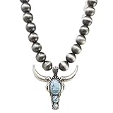 Turquoise Stone Long Horn Steer Skull Pendant Native Pearls Necklace 18 Inch (Silver...