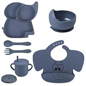 Silicone Baby Feeding Set | Baby Led Weaning Supplies | Baby Feeding Supplies | Toddler Silicone Dishes | Suction Plate and Bowl, Bib, Straw and Snack Cup, Utensils Set of 6 -Navy Blue