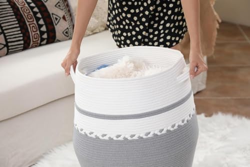 Image of Storage Cotton Rope Basket and Laundry Hamper for Dirty Clothes, Towels, Blankets, Pillows Storage in Living Room, Laundry Room and Bedroom (Grey White Zig Zag With Lid, 15x18 Inch)