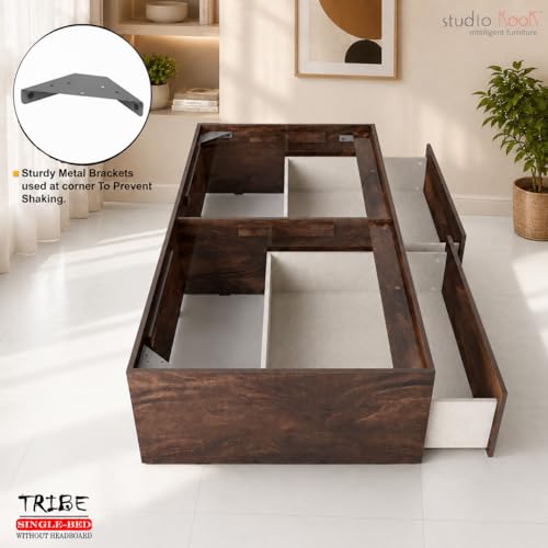Image of Studio Kook Tribe Engineered Wood Single Bed with Dual Storage Drawers | Without Headboard (78x36 Inches, Junglewood, Matte Finish)