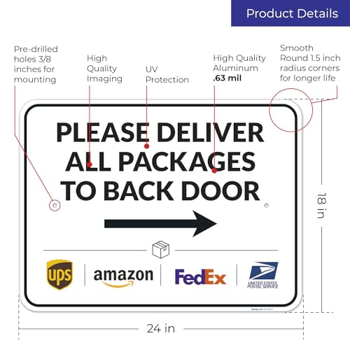 Image of Package Delivery Sign, Delivery Instructions Deliver All Package to Back Door Right Arrow Sign, 18x24 Inches, Rust Free .063 Aluminum, Fade Resistant, Made in USA by Sigo Signs