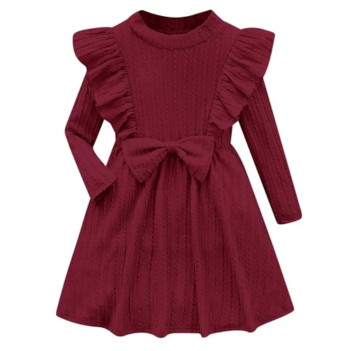 Girls Long Sleeve Ruffle Dresses Solid Ribbed Knit Fall Winter Dress for Toddler Casual Bowknot Dresses 2-6 Years
