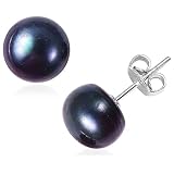 TJC Sterling Silver Stud Earrings with Blue Pearl Gemstone - Fresh Water Peacock Pearl Earrings in Rhodium Overlay
