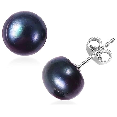 Image of TJC Freshwater Pearl Stud Earrings for Women 10MM Stud Blue 925 Sterling Silver Platinum Plated, Classic Solitaire Earrings, Elegant Jewellery Gift