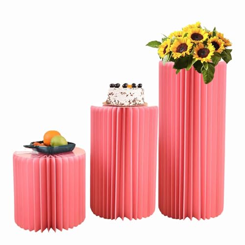 Vasi di cartone per matrimonio 3 Supporti cilindrici in carta per feste,colonna di fiori pieghevole,Vaso di cartone a forma di cilindro,Colonne di Carta Pieghevoli per feste,40+60+80cm(Rosso chiaro)