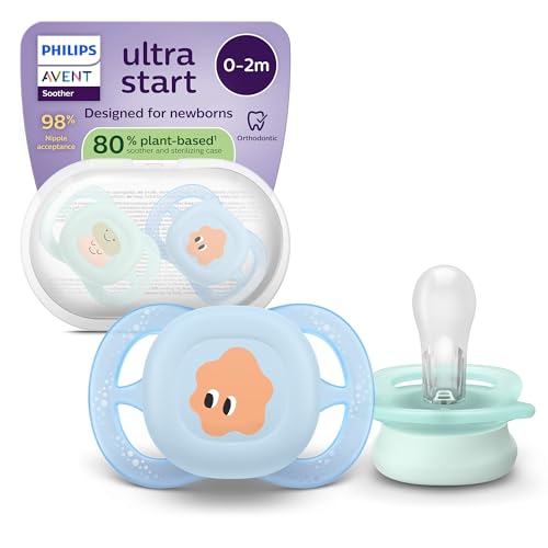 Philips Avent chupetes ultra start: anatómicos, para recién nacidos, tetina simétrica de silicona suave, sin BPA, estuche esterilizador, paquete de 2, SCF075/14