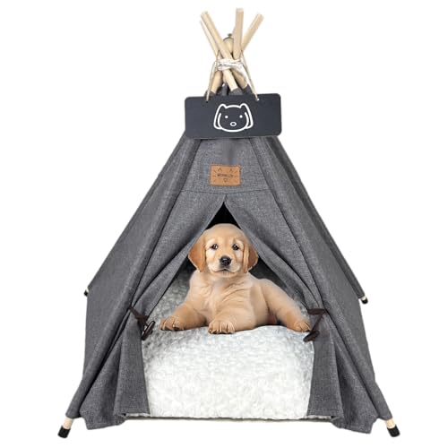 Meowmellow Tipi Zelt für Haustiere Hundezelt Katzenzelt mit Plüschkissen Haustierzelte Häuser für Katzen und Hunde Hundehöhle und Haustierhäuser Wegklappen Haustier Zelt Möbel 50x50x60cm