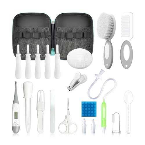 Image of Baby Healthcare and Grooming Kit, 21 in 1 Portable Baby Essentials Kit with Gas Relief Hair Brush Comb Nasal Aspirator for Newborn Boys Girls (Grey White)