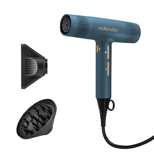 mdlondon Blow Hair Dryer – New & Improved 1600W Hairdryer with Diffuser, Directional Nozzle & Cool Shot – Ultra-Light, Quiet & Powerful Blow Dryer for Straight, Fine, Thick or Curly Hair – C