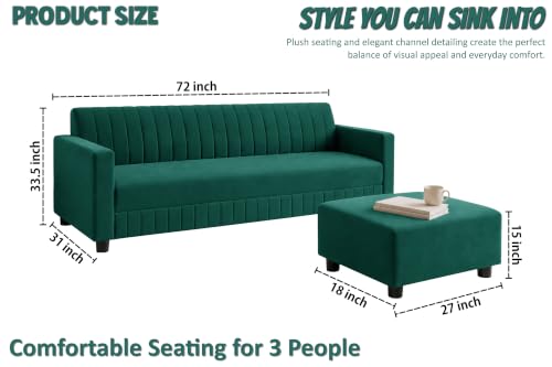 Image of Modern 3-Seater Velvet Sofa with Ottoman | Vertical Channel Tufted Backrest | Plush Cushioned Seating | Stylish Contemporary Sofa for Living Room, Bedroom & Office | Green