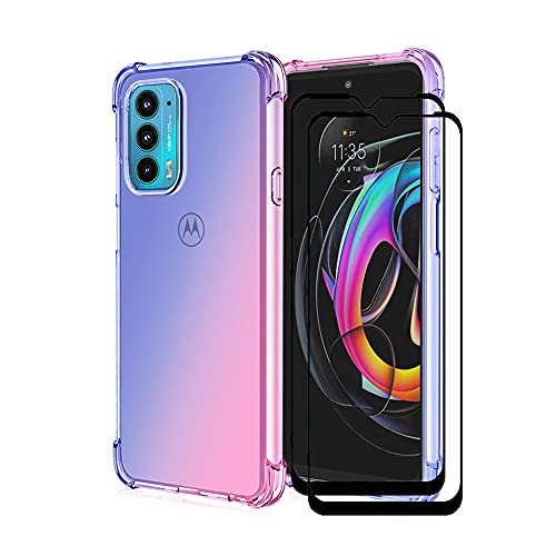 RonRun Housse pour Motorola Moto E20 Gradient Color TPU Case +2 Films Protection en Verre Trempé Antichoc Coque Bleu Rose Cover