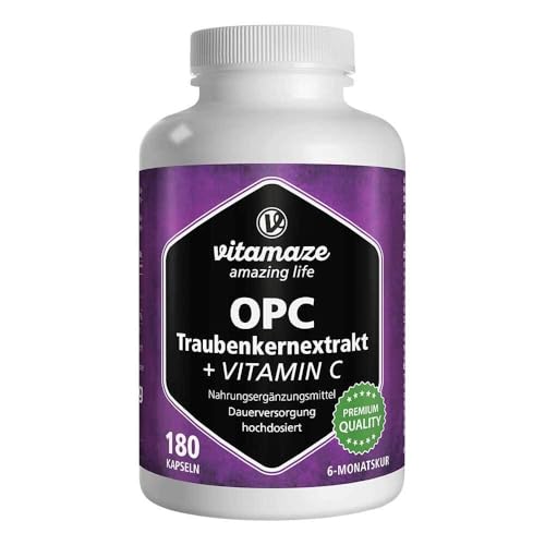 OPC Traubenkernextrakt Kapseln, zertifiziert, hochdosiert: 450 mg reines OPC, 180 Kapseln für 6 Monate, Natürliche Nahrungsergänzung ohne Zusätze, Made in Germany