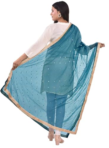 themilestocks Womans Embellished Net Dupatta Scarf Shawl Wrap Soft Indian Bridal Wedding - Teal Blue