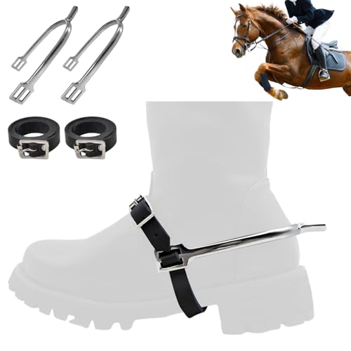 1 par de correas de esporas de piel de vaca extendidas de 50 cm, color negro, correas de esporas inglesas con 1 par de espuelas europeas de aleación de zinc para equitación al aire libre