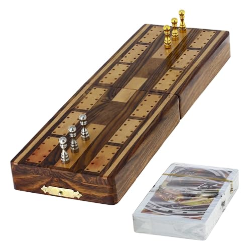 Ajuny Traditional Wooden Cribbage Board Game with Metal Pegs and Cards