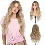Aida ble Long Wavy Ombre Ash Blonde Wig with Curtain Bangs for Women 26 Inch Synthetic Wig Natural Looking Heat Resistant Fiber Hair Wig for Daily Party Halloween Cosplay Use
