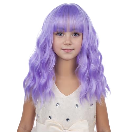 Image of PATTNIUM Kids Purple Wig Short Wavy Wig with Bangs Girls Purple Wigs Synthetic Cosplay Halloween Party Costume Wigs