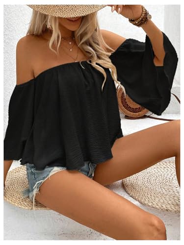 SweatyRocks Women's Sexy Cute Off Shoulder Ruffle Hem Flowy Chiffon Blouses Top3