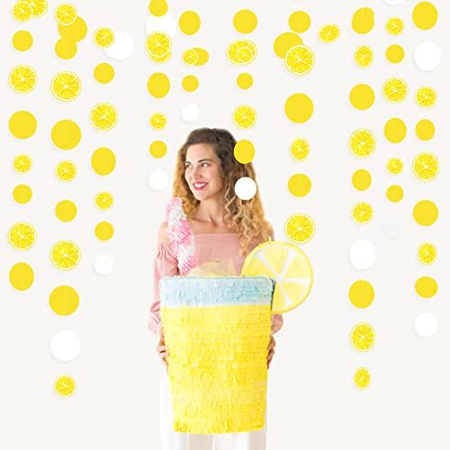 Image of 63 Ft Lemon Party Decorations Yellow White Circle Dots Garland Polka Dot Hanging Paper Streamer for Lemon Themed Wedding Bridal Shower Engagement Bachelorette Baby Shower Birthday Party Supplies