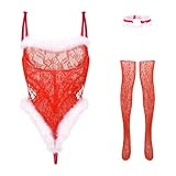 Sexy Weihnachten Dessous Bodystocking Damen Erotik Set Unterwäsche Netz Durchsichtiges Bodysuit Catsuit Nachtwäsche Spitze Curvy Teddy Unterwäsche Fischnetz Reizwäsche, Rot