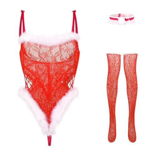 HOTSO Sexy Weihnachten Dessous Bodystocking Damen Erotik Set Unterwäsche Netz Durchsichtiges Bodysuit Catsuit Nachtwäsche Spitze Curvy Teddy...