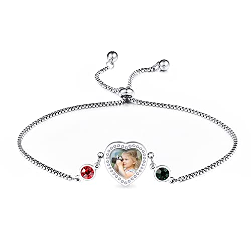 MunkiMix Herzförmige Armbänder Personalisiertes Foto mit 1-2 Geburtssteinen Eingravierter Text Verstellbare Kastenkette Edelstahlarmbänder für Frauen Muttergeschenk (Silber + 2) Cover