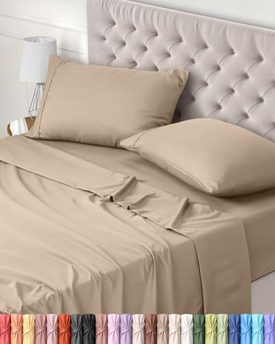 Utopia Bedding Bed Sheet Set Double, Beige, 4 Piece – Fitted Sheet, Flat Sheet with 2 Pillow Cases 50x75 – Wrinkle, Shrinkage & Fade Resistant – Oeko-Tex Certified, Polyester Microfiber Fabric