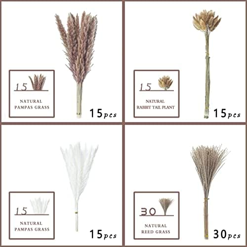 75Pcs Pampas Grass Boho Home Decor, Natural Dried Carefully Hand-Picked Fluffy Pompas Grass 17", White & Brown Pampas Grass, Reed, Bunny Tails for Flower Arrangements Boho Wedding Home Décor