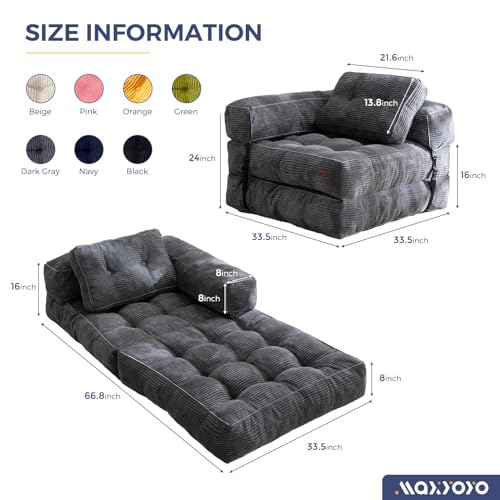 MAXYOYO Folding Sofa Bed, L-Shaped Convertible Sofa Bed with Armrest Foldable Sleeper Sofa with Pillow, Portable Fold Out Chair Bed Comfy Floor Lounge for Living Room Bedroom, Dark Grey - Image 3