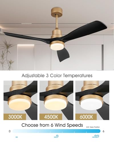 Image of 52 inch Modern Black and Gold Ceiling Fan with Lights and Remote, ETL Listed, 3 Downrods, 3 Wood Blade Gold Black Ceiling Fans, Reversible Quiet DC Motor, 3 Timer for Outdoor Patio Bedroom,52in,Black Gold