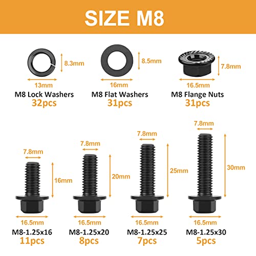 Image of VIGRUE 125PCS M8-1.25 x 16 /20 /25 /30mm Hex Flange Bolts Nuts Washers Kit, Metric Bolt and Nut Assortment, Black Assorted Nuts and Bolts, Full Coarse Thread, Class 10.9 Alloy Steel
