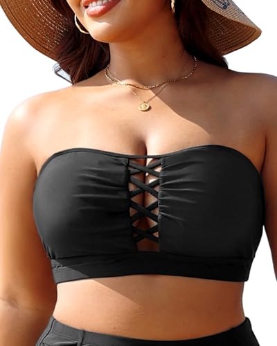 Plus Size Bikini Swimsuit Top - Women Bandeau Swim Top Lace Up Bathing Suit Bra for Large Bust Swimwear Black 20 Plus