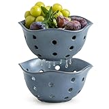 Gomakren Fruit Basket Set of 2, Ceramic Fruit Bowl Berry Basket with Holes, 7.6 Inch Fruit Containers Colander for Fridge - Farmhouse Kitchen Decor, Slate Blue