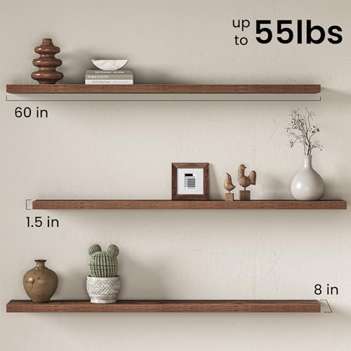 Image of Fun Memories 60Inch Long Floating Shelves, 8 Inch Deep Shelves for Bedroom|Living Room, Wall Mounted Wood Hanging Shelf with Invisible Brackets for Fireplace Mantel Home Storage Decor, Brown - 2 Pack