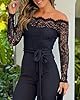Women Off Shoulder Long Sleeve Black Jumpsuit Floral Embroidery Lace Overalls Casual Wide Leg Rompers with Belt Black-M #2